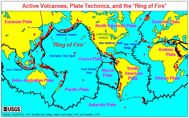 Global map illustrating known tectonic plate boundaries and volcanic fault lines which would be most vulnerable from volcanism. Image courtesy of Wikimedia Commons