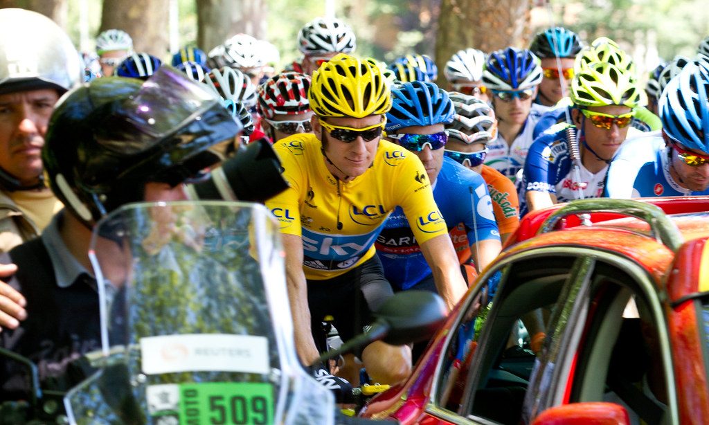 Bradley Wiggins (in yellow) leading the 98.5-mile 15th stage (Samatan to Pau) of the 2012 Tour de France. Image courtesy of Robert King