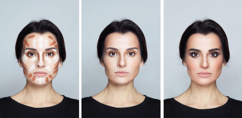 A woman showing the stages of makeup contouring