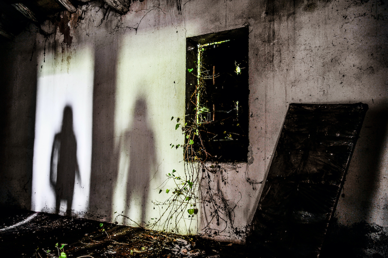 The shadow of a human figure is visible on the wall of an old building